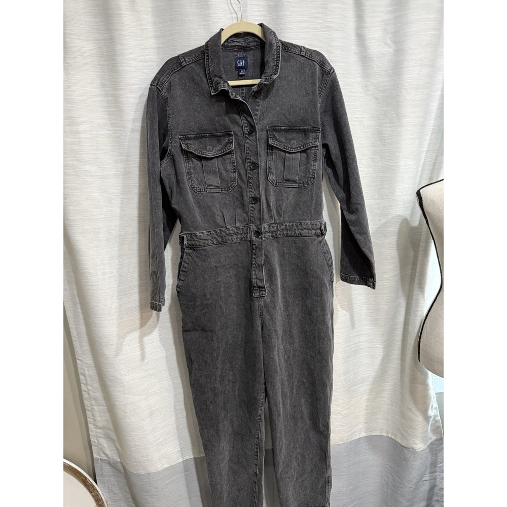 Gap Womens Jumpsuit Size 12 Utility Medium Indigo Denim Black Belted
